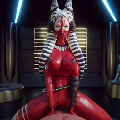 1boy, 2girls, 3d, aayla secura, alien, alien girl, animated, areolae, armlet, belt, big breasts, blue skin, boots, bouncing breasts, breasts