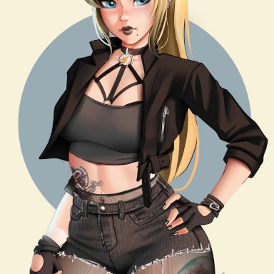 1girls, black lipstick, blonde hair, blue eyes, clothing, female, female only, fingerless gloves, goth, hi res, high ponytail, jackary draws, long hair, looking at viewer, makeup