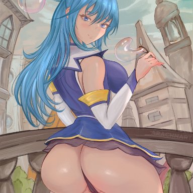 1girls, aqua (konosuba), arachnart, ass, big ass, big breasts, big butt, blue hair, breasts, eye contact, female, kono subarashii sekai ni shukufuku wo!, long hair, looking at viewer, looking back