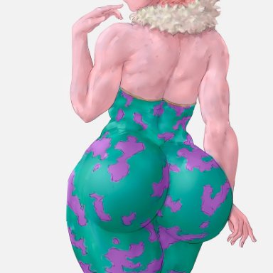 1girls, ass, ass focus, back view, backless, backless outfit, big ass, black sclera, bottom heavy, bubble butt, camo print, clothed female, clothing, colored skin, curly hair