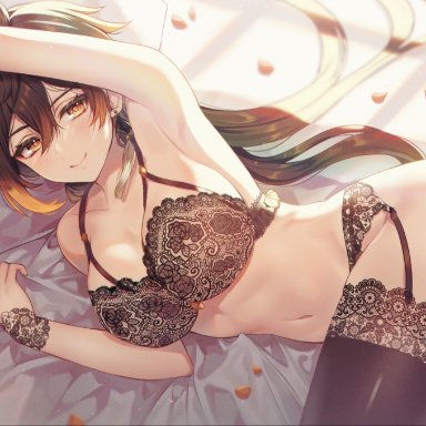 1girls, ahoge, arm up, armpits, ass, bangs, black bra, black legwear, bra, bra strap, breasts, brown hair, cleavage, commentary request, diamond-shaped pupils