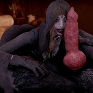 3d, animated, ass up, bela (resident evil), blonde hair, canine, canine humanoid, canine penis, dark clothing, dick licking, dress, high heels, hipminky, hood, jewelry