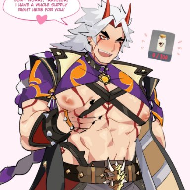 abs, arataki itto, bara, big breasts, big nipples, big pecs, claws, collar, english text, genshin impact, grabbing breasts, grabbing own breast, grabbing own chest, grabbing own pecs, harness