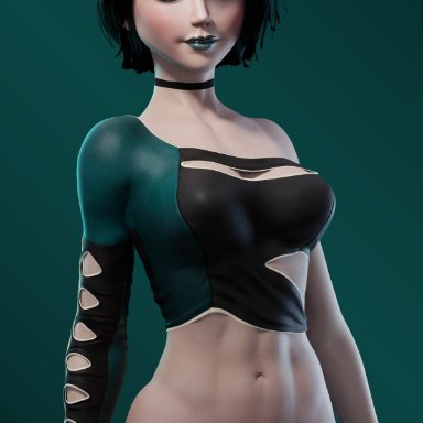 1girls, 3d, abs, black hair, black lipstick, blender, bottomless, dark green hair, egirl, emo, female, female only, goth, green hair, green lipstick