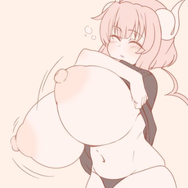 bouncing breasts, closed eyes, dragon girl, dragon horns, exposed breasts, huge breasts, ilulu (dragon maid), light-skinned female, light skin, miss kobayashi's dragon maid, nipples, puffy nipples, shirt, shirt lift, tinstar