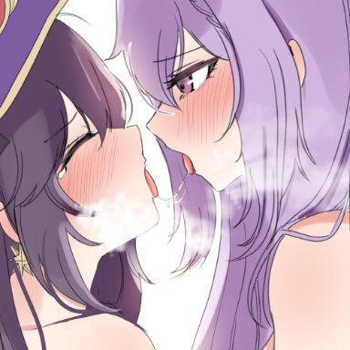 2girls, bangs, blush, brown hair, close up, closed eyes, dolechan, genshin impact, keqing (genshin impact), kissing, long hair, looking at another, mona (genshin impact), purple eyes, purple hair