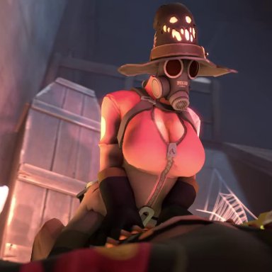 3d, animated, bodysuit, cowgirl position, fempyro, gif, halloween costume, heavy weapons guy, on top, sound, source filmmaker, tagme, team fortress 2, video, vyne