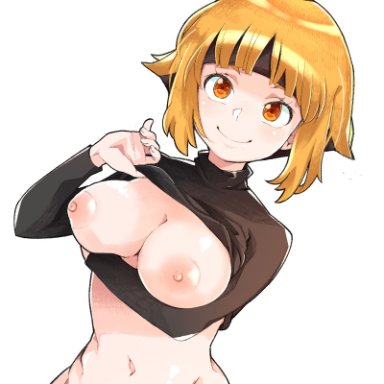 arm under breasts, bangs, black hair, black shirt, breasts, breasts outside, closed mouth, clothes lift, creatures (company), female, game freak, gardenia (pokemon), large breasts, lifted by self, long sleeves