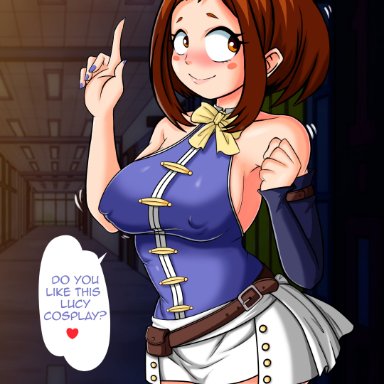 1girls, belmont, big breasts, blushing, breasts, brown hair, fairy tail, female, hair ribbon, halloween, high heel boots, large breasts, lucy heartfilia (cosplay), my hero academia, nipple bulge