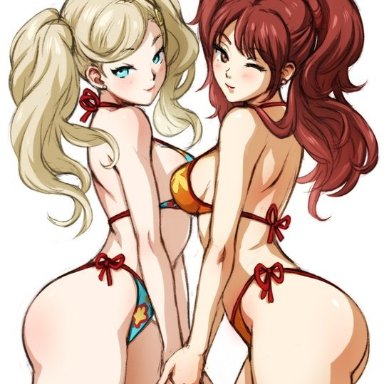 ann takamaki, bikini, blonde hair, blue eyes, boobs and butt pose, breast squish, breast to breast, brown eyes, brown hair, earrings, hair pin, hand holding, idol, knot, kujikawa rise