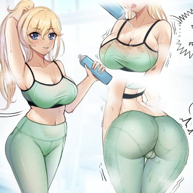 1girls, 99illust, ass, big ass, big breasts, big butt, blonde hair, blue eyes, blush, breasts, dialogue, eye contact, female, genshin impact, jean gunnhildr