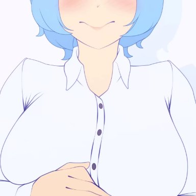 1girls, animated, big breasts, blue hair, blush, bouncing breasts, breasts, button down shirt, button pop, buttons, collared shirt, exposed breasts, exposing chest, female focus, female only