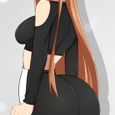 1girls, ass, big ass, big butt, breasts, eye contact, female, fully clothed, large ass, leggings, long hair, looking at viewer, solo, standing, sword art online