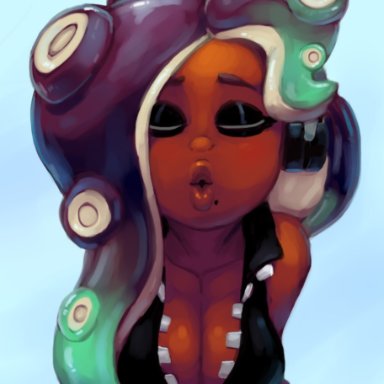 beauty mark, bending over, big breasts, big lips, cleavage, closed eyes, dark-skinned female, dark skin, eyeshadow, huge breasts, kissing, marina (splatoon), mataknight, octoling, outta sync