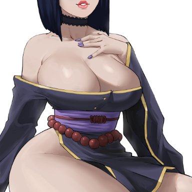 1girls, 2021, ass, black clothing, black hair, blush, boruto: naruto next generations, breasts, cleavage, echosaber, feet out of frame, female, female focus, female only, hand on breast