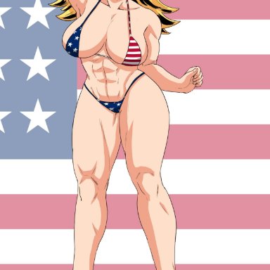abs, american flag bikini, blonde hair, blue eyes, high heels, light-skinned female, mfuncen, muscular female, my hero academia, star and stripe (my hero academia), thick thighs