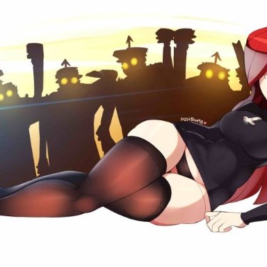 skullgirls, parasoul (skullgirls), parasoul, postblue98, red hair, yellow eyes