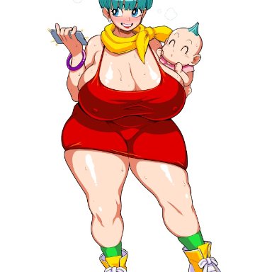 2021, 2girls, baby, bbw, belly button, belly button visible through clothing, big belly, blue eyes, blue hair, blush, bowl cut, bra briefs, breasts, breasts bigger than head, bulma briefs