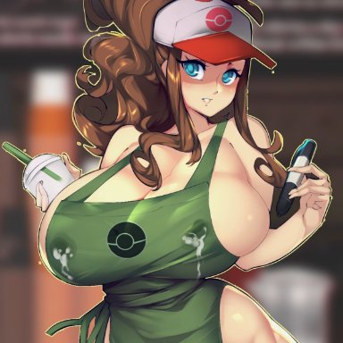 1girls, apron, blue eyes, breasts, brown hair, curvy figure, eye contact, female, hat, hilda (pokemon), huge breasts, iced latte with breast milk, lactation, long hair, looking at viewer