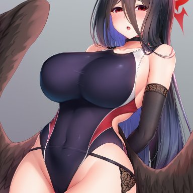 1girls, 2021, arms behind back, bangs, bare shoulders, bird wings, black choker, black gloves, black hair, black legwear, black wings, blue archive, blue swimsuit, blush, breasts