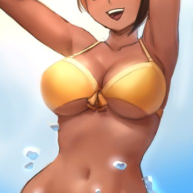 1girls, armpits, arms up, asahina aoi, belly, big breasts, bikini, bikini top, blue eyes, breasts, brown hair, cleavage, close-up, danganronpa, danganronpa: trigger happy havoc