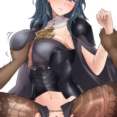 1girls, angry, arm grab, bare midriff, blue eyes, blush, breast grab, breasts, byleth (fire emblem), byleth (fire emblem) (female), fire emblem, fire emblem: three houses, kahun9893, large breasts, leggings