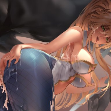 1girls, after sex, animal genitalia, animal penis, artoria pendragon, artoria pendragon (lancer), bent over, blonde hair, blue legwear, blue pantyhose, bunny ears, bunnysuit, censored, clothing, cum