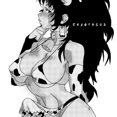 1futa, apron, balls, big breasts, big penis, bikini top, blush, breasts, clothed, clothing, cow bikini, cow ears, cow horns, cow print, cow print armwear