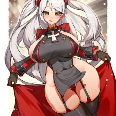 azur lane, big ass, big breasts, big butt, breasts, cameltoe, cape, clothed female, female, huge breasts, orange eyes, powergene, powzin, prinz eugen (azur lane), pussy