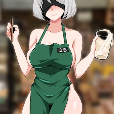 apron, black hairband, blindfold, breasts, female, female focus, female only, glass cup, green apron, hairband, iced latte with breast milk, light-skinned female, looking at viewer, meme, naga99770