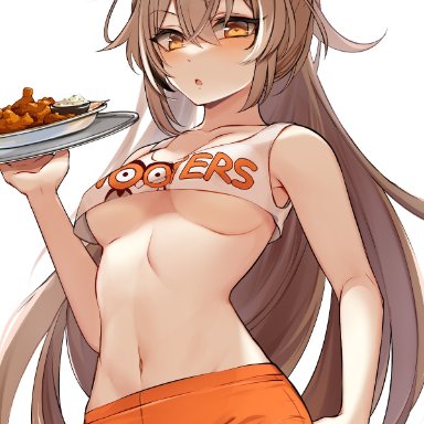 1girls, :o, black legwear, breasts, brown hair, cameltoe, chicken (food), collarbone, cowboy shot, crop top, crop top overhang, elfboiii, eyebrows visible through hair, feathers, female