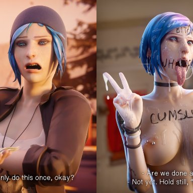 1girls, 3d, areolae, blender, body writing, breasts, chloe price, cum, cum on breasts, cum on face, female, fjaye, life is strange, nipples, open mouth