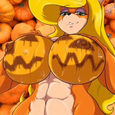 1girls, abs, anthro, big breasts, blonde hair, crash (series), female, fur, furry, halloween, huge breasts, large breasts, long hair, nipples, paint