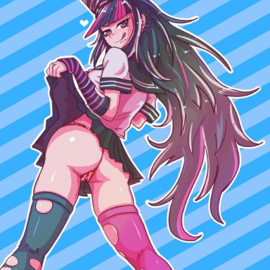 1girl, :p, akairiot, asian, asian female, ass, blue stocking, blush, blushing at viewer, danganronpa, danganronpa (series), danganronpa 2: goodbye despair, exposed ass, exposed butt, female