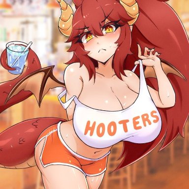 bebatch, dragon girl, hooters, horns, huge breasts, red hair, tail, vshojo, water, wings, yellow eyes, zentreya