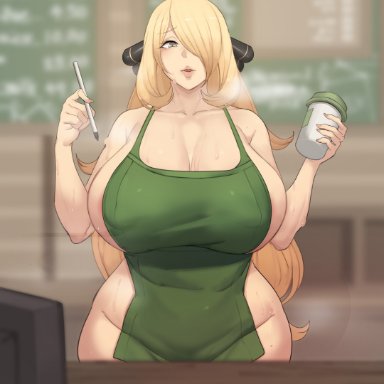 1girls, 2021, apron, areola slip, areolae, barista, blonde hair, blurry background, breasts, cynthia (pokemon), female, female focus, female only, hair ornament, hair over one eye