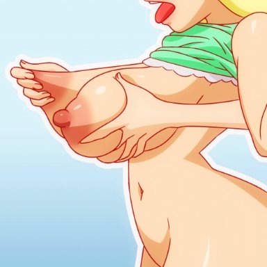 2girls, ahegao, animated, animated gif, areolae, aroused, belly, big breasts, blonde hair, bouncing breasts, breast grab, breast massage, breast squeeze, breasts, disembodied hands