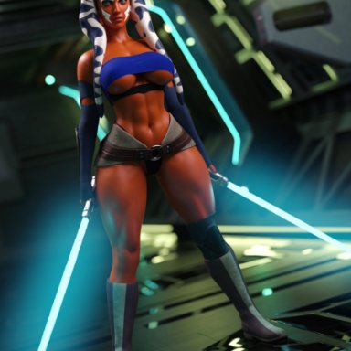 1girls, 3d, abs, ahsoka tano, athletic female, big breasts, breasts, female, female only, large breasts, looking at viewer, rude frog, solo, star wars, togruta