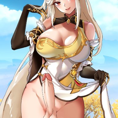 1futa, artist name, ass visible through thighs, balls, bangs, bare shoulders, big breasts, black gloves, blonde pubic hair, blush, bottomless, breasts, china dress, chinese clothes, claw ring