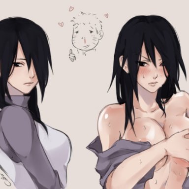 1boy, 1girls, alternate version available, amputee, bare shoulders, before and after, big breasts, black eyes, black hair, blush, boruto: naruto next generations, breast grab, breasts, chibi, closed eyes