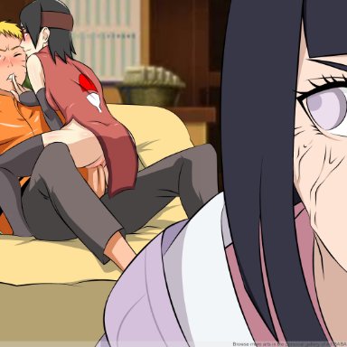 1boy, 2girls, a1ibaba, age difference, alternate hair color, angry, big penis, black hair, blonde hair, blush, boruto: naruto next generations, byakugan, caught, caught in the act, clothed