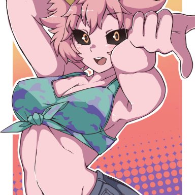 1girls, big breasts, black sclera, breasts, eye contact, female, gokuu (acoloredpencil), horns, looking at viewer, mina ashido, minishorts, my hero academia, pink hair, pink skin, short hair