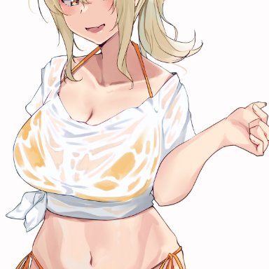 1girls, amber eyes, belly button, big breasts, bikini, bikini bottom, bikini top, blonde hair, breasts, busty, fang, female, female only, large breasts, love live!