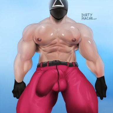 1boy, bulge, gay, half naked, mache, male, male nipples, male only, penis, penis bulge, solo male, squid game, triangle (squid game), yaoi