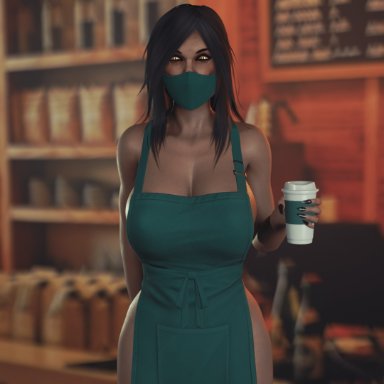 3d, apron, barista, big breasts, black hair, blender, breasts, cafe, coffee, cute, excited, happy, lactation, looking at viewer, mileena