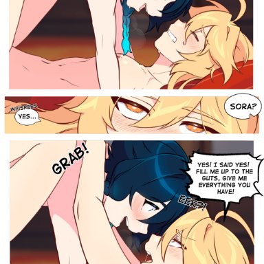 2boys, 2d, aether (genshin impact), arms above head, arms behind head, blonde hair, blue hair, braided ponytail, braided twintails, climax, close-up, comic, comic page, dialogue, digital drawing (artwork)