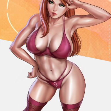 atom eve, big breasts, bikini, busty, dandon fuga, salute, stockings, superheroine, tagme, thick, thick thighs, thighs, wink