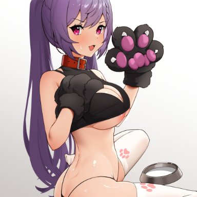 1girls, :d, animal ears, animal hands, artist name, back, bare shoulders, black panties, blush, bowl, braid, breasts, buckle, cat ears, cat tail