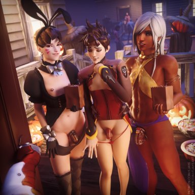 3boys, blender, chastity, chastity cage, d.va, dark skin, femboy, fjaye, flaccid, girly, halloween, looking at viewer, overwatch, penis, pharah