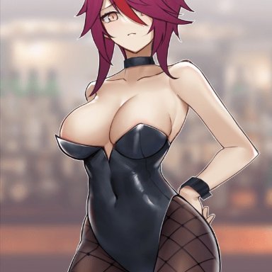 animal ears, bare shoulders, black choker, breasts, brown legwear, bunny ears, choker, clavicle, cleavage, closed mouth, clothing, covered navel, fake animal ears, female, female